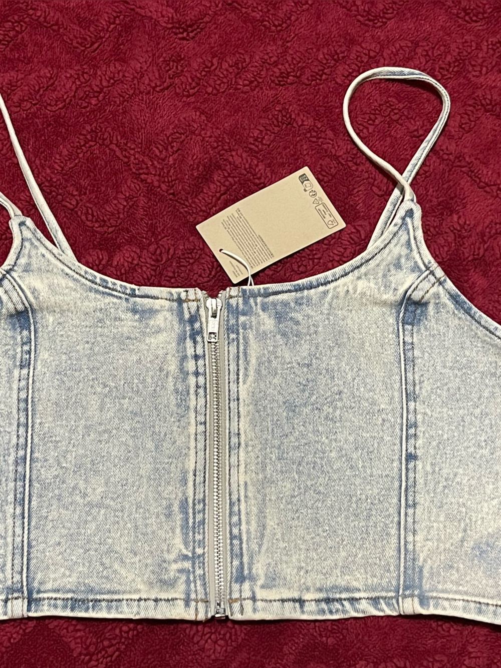 Monki Light Blue Stonewash Denim Zip-Front Crop Top